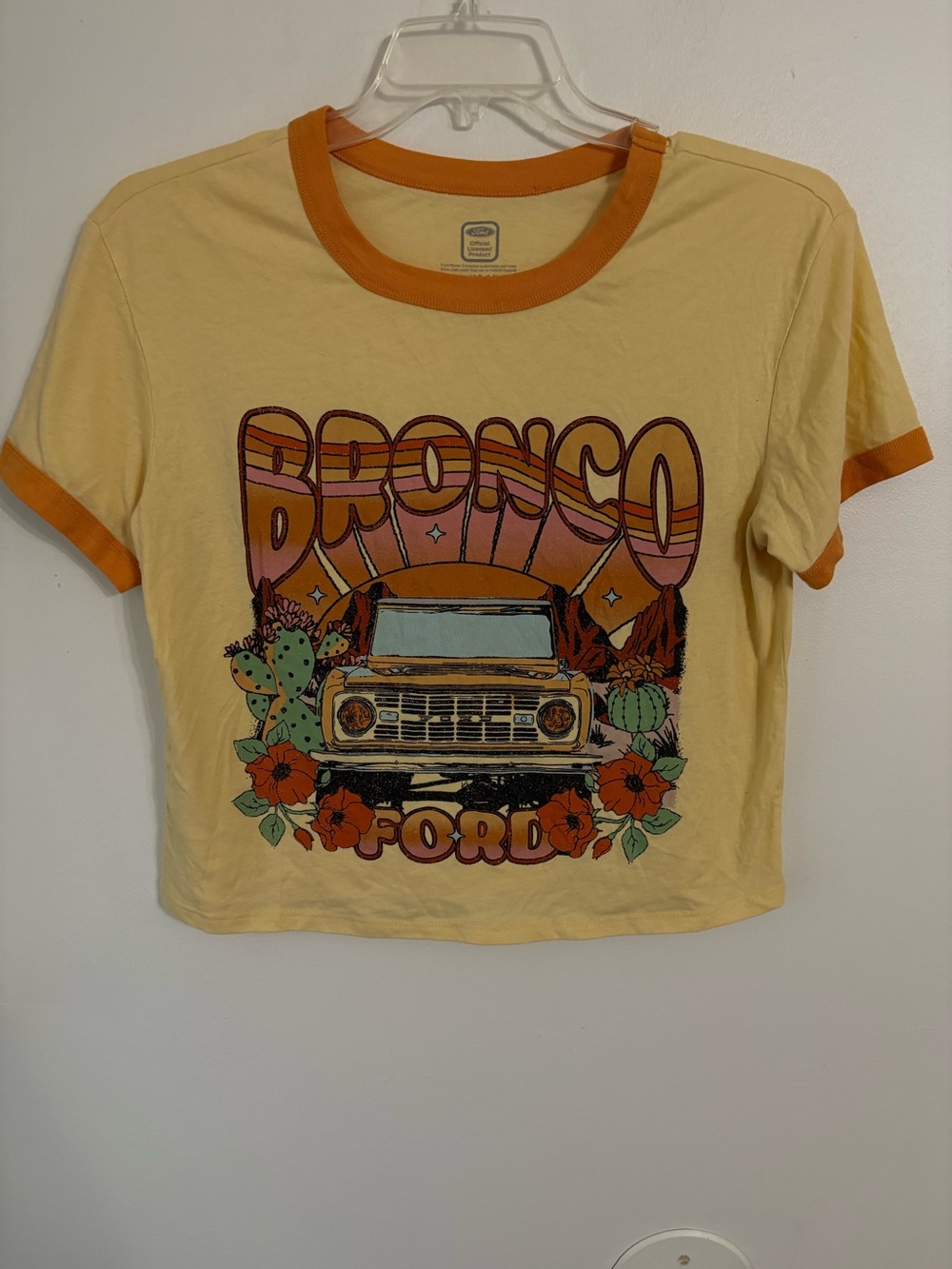 Bronco Ford Graphic Ringer Crop Tee - Yellow with Orange Trim 10-14 Large